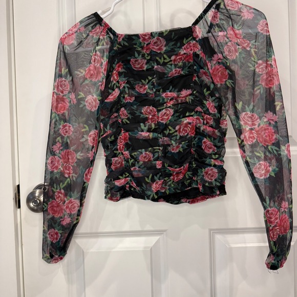 Art Class Girls Black Floral Mesh Ruched Long Sleeve Top Size M 7/8 - Picture 6 of 6